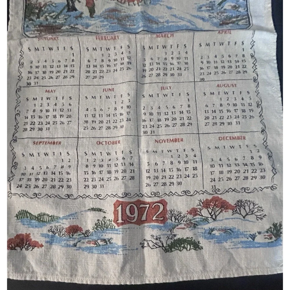 Vtg 1972 Linen Calendar Tea Towel Winter Barn Farmhouse Kitchen Wall Decor